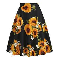 Damen Rockabilly Rock Vintage 1950er Jahre Retro Blumen Druck Faltenrock Elastische Hohe Taille Swing Glockenrock Tellerrock Plissee A-Linie Knielang Festliche R?ck Trachtenrock Gelb Sonnenblume M von FYMNSI