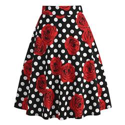 Damen Rockabilly Rock Vintage 1950er Jahre Retro Blumen Druck Faltenrock Elastische Hohe Taille Swing Glockenrock Tellerrock Plissee A-Linie Knielang Festliche R?ck Trachtenrock Schwarz Gepunktet S von FYMNSI