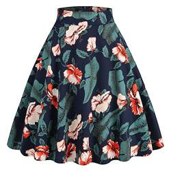 Damen Rockabilly Rock Vintage 1950er Jahre Retro Blumen Druck Faltenrock Elastische Hohe Taille Swing Glockenrock Tellerrock Plissee A-Linie Knielang Festliche R?ck Trachtenrock Sommer Dunkelblau S von FYMNSI