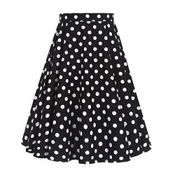 Damen Rockabilly Rock Vintage 1950er Jahre Retro Gepunktet Faltenrock Elastische Hohe Taille Swing Glockenrock Tellerrock Plissee A-Linie Knielang Festliche Röck Trachtenrock Sommer Schwarz XXL von FYMNSI