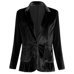 Damen Samt Blazer Jacke Lange Ärmel Reverskragen Knopfleiste Mantel mit Taschen Herbst Frühling Oberteile Elegant Business Velvet Anzugjacke Arbeitsblazer Herbstjacke Sakko Kurzblazer Schwarz M von FYMNSI