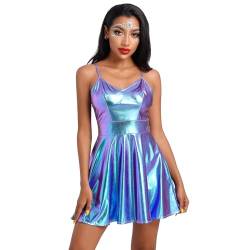 Damen Space Girl Kost?m Metallic Minikleid Tr?gerkleid Rave Outfits ?rmellos Glitzer Wetlook Holographisches Partykleid Gl?nzend Skaterkleid Festival Alien Cosplay Fasching 80er Clubwear Laser Blau L von FYMNSI