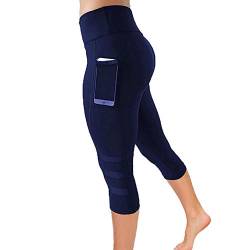 Damen Sport Leggings 3/4 Yogahose Sporthose Laufhose Training Tights mit Handytasche Hohe Taille Blickdichte Yoga Kurze Hose Sweatpants Laufshorts Jogginghose Taschen Short Gym Fitness Marineblau L von FYMNSI