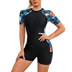 Damen Surfanzug Badeanzug mit Bein Reißverschluss Einteiler Kurzarm Rashguard UPF 50+ Bademode Surfen Schwimmanzug Blumen Bedruckt Bauchweg Sportlich Sonnenschutz Badebekleidung Schwarz + Blau XXL von FYMNSI