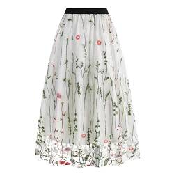 Damen T?llrock Langes Blumen Stickerei Rock Elegant Elastischer A-Linie Lagenrock Plissee T?ll Langes Kleid Blumenmuster Midir?cke Hohe Taille L?ssiges M?dchen Rock Vintage 50er Meshrock Wei? S von FYMNSI