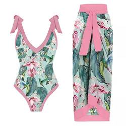 Damen Zweiteilig Badeanzug V-Ausschnitt Monokini Elegant Blumen Gedruckt Badeanzugkleid Badekleid Schwimmrock Retro Ruched Bauchweg Schwimmkleid Baderock Tankini Sport Schwimmanzug Rosa + Grün S von FYMNSI