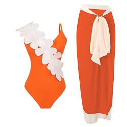 Damen Zweiteilig Badeanzug V-Ausschnitt Monokini Elegant Rüschen Bauchweg Rückenfrei Ruched Einteilige Bademode Swimsuit mit Strand Sarong Chiffon Wickelröcke Badekleid Schwimmrock Orange + Weiß S von FYMNSI