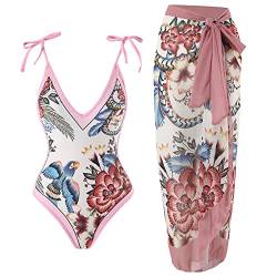 Damen Zweiteiliger Badeanzug Bauchweg Einteiler Monokini mit Langes Maxi Rock Sarong Cover Up Vintage V-Ausschnitt Badeanzugkleid Badekleid Schwimmkleid Tankini Schwimmanzug Bademode Rosa Blumen S von FYMNSI