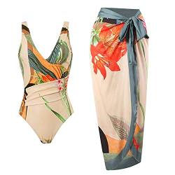 Damen Zweiteiliger Badeanzug Bauchweg Einteiler Monokini mit Langes Maxi Rock Vintage V-Ausschnitt Badeanzugkleid Badekleid Schwimmrock Schwimmkleid Baderock Tankini Schwimmanzug Bademode Orange L von FYMNSI