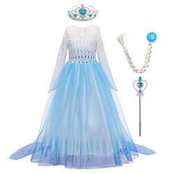 ELSA Kostüm Mädchen Schneekönigin 2 Prinzessin Blau Schneeflocke Druck Langarm Tüll Umhang Abendkleid Maskerade Party Fasching Halloween Weihnachten Kleid mit Krone Zauberstab Zubehör 11-12 Jahre von FYMNSI