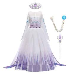 ELSA Kostüm Mädchen Schneekönigin 2 Prinzessin Lila Schneeflocke Druck Langarm Tüll Umhang Abendkleid Maskerade Party Fasching Halloween Weihnachten Kleid mit Krone Zauberstab Zubehör 5-6 Jahre von FYMNSI