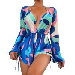 FYMNSI 3tlg Damen Badeanzüge Triangel Bikini Set mit Overall Strampler Coverups Strandmode Schwimmanzug Bademode Bauchweg Neckholder Gepolstert Push Up BH Top Sommer Strandkleidung Blau L von FYMNSI