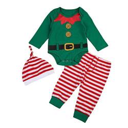 FYMNSI Baby 1. Weihnachten Outfit Kleinkinder Mädchen Jungen Elf Bodysuit Bekleidungsset Langarm Strampler Spielanzug Streifen Hose Hut 3 Stück Festliche Weihnachtsoutfit 12-18 Monate von FYMNSI