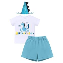 FYMNSI Baby Junge Erster Geburtstag Outfit Dinosaurier Thema 1 Jahr Party Cake Smash Ich Bin 1 Baumwolle Kurzarm T-shirt Top Shorts Stirnband Bekleidungsset Wild One Fotoshooting Sommer Blau 1 Jahr von FYMNSI