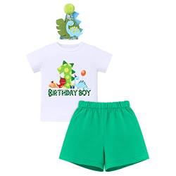 FYMNSI Baby Junge Erster Geburtstag Outfit Dinosaurier Thema 1 Jahr Party Cake Smash Ich Bin 1 Baumwolle Kurzarm T-shirt Top Shorts Stirnband Bekleidungsset Wild One Fotoshooting Sommer Grün 1 Jahr von FYMNSI