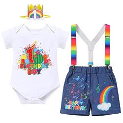 FYMNSI Baby Jungen 1. Erster Geburtstag Outfit Wassermelone Regenbogen Ein Jahr alt Party Fotoshooting Requisiten Baumwolle Kurzarm Strampler Hosenträger Denim Shorts Mini Krone Hut 4er Set Weiß von FYMNSI