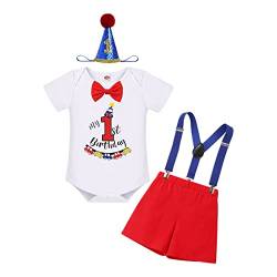 FYMNSI Baby Jungen Erster Geburtstag Cake Smash Outfit Baumowlle Kurzarm Strampler Body Shirt mit Shorts Hosenträger Mini Hut Stirnband Taufe 1 Jahr Alt Party Fotoshooting Kleidung Rot 12-18 Monate von FYMNSI