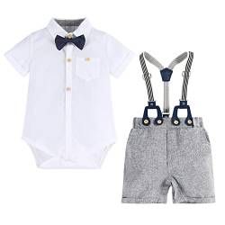 FYMNSI Baby Jungen Gentleman Anzüge Kleinkinder Kurzarm Fliege Shirt Strampler Hosenträger Shorts Overall Festlich Festanzug Taufe Hochzeit Formal Sommer Bekleidungsset Taufanzug Grau 9-12 Monate von FYMNSI