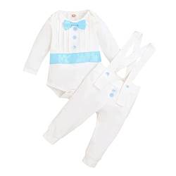 FYMNSI Baby Jungen Taufanzug Taufbekleidung Festanzug Festliche Hochzeit Gentleman Smoking Anzüge Baumwolle Jumpsuit Fliege Langarm Body Strampler Hosenträger Hose 2tlg Bekleidungset Blau 12-18 Monate von FYMNSI