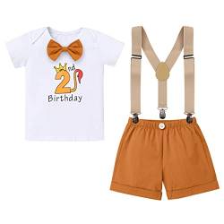 FYMNSI Baby Jungen Wild One Dschungel 2. Zweiter Geburtstag Party Outfit Löwe Kostüm Fliege Baumwolle Kurzarm T-shirt Top Hosenträger Shorts Safari Wald Fotoshooting Bekleidungsset Braun 2 Jahre von FYMNSI