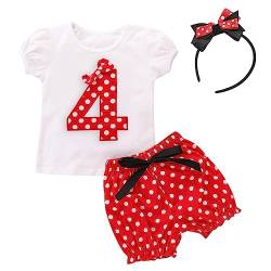 FYMNSI Baby Kleinkinder Mädchen 4 Jahre Vierter Geburtstag Party Outfit Retro Gepunktet Sommer Kurarm Top T Shirt + Shorts Kurze Hosen + Ohr Stirnband 3tlg Bekleidungsset für 3-4 Jahre von FYMNSI