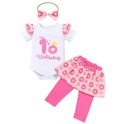 FYMNSI Baby M?dchen 1. Geburtsatg Outfit Baumwolle Kurzarm Strampler Body Langes Hosen Rock Schleife Stirnband 3tlg 1 Jahr Alt Party Casual Fr?hling Sommer Herbst Bekleidungsset Rosa Donut 1 Jahr von FYMNSI