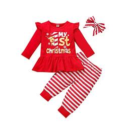 FYMNSI Baby M?dchen Weihnachtsoutfit S?ugling Kleinkinder Mein erstes 1. Weihnachten Party Kleidung Baumwolle Langarm Top Shirt Gestreift Langes Hose Stirnband 3tlg Bekleidungsset Rot 12-18 Monate von FYMNSI