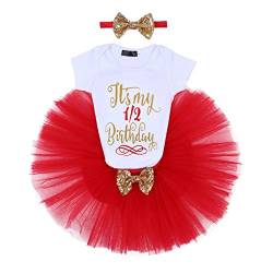 FYMNSI Baby Mädchen 1/2. Geburtstag Party Outfit Baumwolle Kurzarm Body Strampler Prinzessin Tütü Tüll Rock Pailletten Schleife Stirnband 3tlg Bekleidungsset Fotoshooting Kostüme Rot 6 Monate von FYMNSI