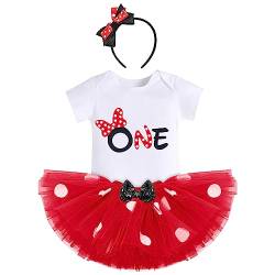 FYMNSI Baby Mädchen 1. Erster Geburtstag Outfit Maus Kostüm 1 Jahr Party Prinzessin Gepunktet Tütü Rock Baumwolle Kurzarm Body Strampler mit Ohr Stirnband 3tlg Bekleidungsset Rot - One 1 Jahr von FYMNSI