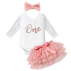 FYMNSI Baby Mädchen 1. Geburtstag Fotoshooting Outfit Floral Spitze Langarm Strampler + Tutu Rock + Bowknot Stirnband 3pcs Set, rosa - dusty pink, 86 von FYMNSI