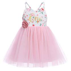 FYMNSI Baby Mädchen 1. Geburtstag Partykleid Kleinkinder Prinzessin Tütü Tüll Kleid Boho Blumenmuster Rückenfrei Ärmellos Sommerkleid 1 Jahr Alt Festliches Festkleid Fotoshooting Kostüm Rosa - One von FYMNSI