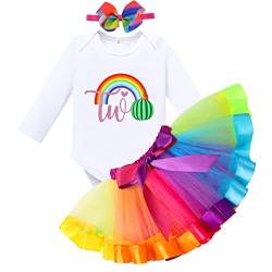 FYMNSI Baby Mädchen 2. Zweiter Geburtstag Outfit 2 Jahre Party Regenbogen Tütü Rock Langarm Strampler Body Stirnband Herbst Kleidung Fasching Halloween Fotoshooting Kostüme Regenbogen 2 Jahre von FYMNSI