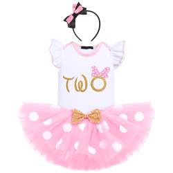 FYMNSI Baby Mädchen 2. Zweiter Geburtstag Outfit Maus Kostüm Gepunktet Tütü Rock Baumwolle Kurzarm Body Strampler mit Ohr Stirnband 3tlg Bekleidungsset Fotoshooting Rosa Two 2 Jahre von FYMNSI