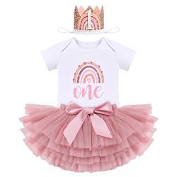 FYMNSI Baby Mädchen Boho Regenbogen 1. Geburtstag Outfit Baumowlle Kurzarm Strampler Body Tütü Tüll Rock Mini Krone Hut Erster Geburtstag 1 Jahr Alt Party Fotoshooting Bekleidungsset Dunkelrosa von FYMNSI