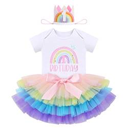 FYMNSI Baby Mädchen Boho Regenbogen 1. Geburtstag Outfit Baumowlle Kurzarm Strampler Body Tütü Tüll Rock Mini Krone Hut Erster Geburtstag 1 Jahr Alt Party Fotoshooting Bekleidungsset Regenbogen von FYMNSI