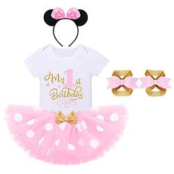 FYMNSI Baby Mädchen Erste 1. Geburtstag Outfit Baumwolle Kurzarm Strampler Body Gepunktet Tütü Rock Ohr Stirnband Fußblume 4tlg Bekleidungsset Rosa Mein 1. Geburtstag 1 Jahr von FYMNSI