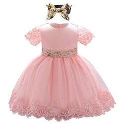 FYMNSI Baby Mädchen Erstes Geburtstagskleid Taufkleid Kurzarm Spitzenkleid Pailletten Schliefe Tüll Abendkleid Festliches Festkleid Hochzeit Brautjungfer Kommunionskleid mit Stirnband Set Rosa 18-24M von FYMNSI