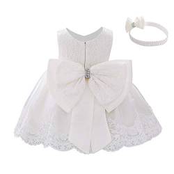 FYMNSI Baby Mädchen Kleid Geburtstag Partykleid Taufkleid Kleinkinder Bowknot Blumen Spitze Tüllkleid Tütü Prinzessin Hochzeit Brautjungfer Festkleid mit Stirnband Outfit Babybekleidung Weiß 3-6M von FYMNSI