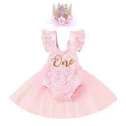 FYMNSI Baby Mädchen Kuchen Smash Outfit Blumen Spitze One Strampler Kleid mit Krone Stirnband Fotoshooting Requisiten, Rosa (mit Stirnband), 80 von FYMNSI