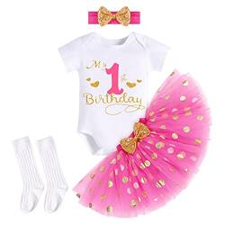 FYMNSI Baby Mädchen Mein 1. Erster Geburtstag Party Outfit Baumwolle Kurzarm Body Strampler Prinzessin Gepunktet Tütü Rock Pailletten Schleife Stirnband Socken 4tlg Bekleidungsset Rose 1 Jahr von FYMNSI