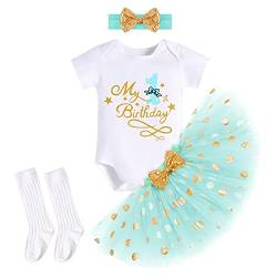 FYMNSI Baby Mädchen Mein 1. Erster Geburtstag Party Outfit Baumwolle Kurzarm Body Strampler Prinzessin Gepunktet Tütü Rock Stirnband Socken 4tlg Bekleidungsset Fotoshooting Kostüm Grün 1 Jahr von FYMNSI