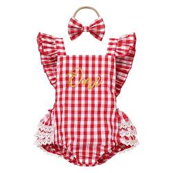 FYMNSI Baby Mädchen Plaid Body Strampler 1. Geburtstag Outfit Sommer Kleidung Baumwolle Einteiler Bodysuit Mit Schleife Stirnband 2tlg Festliches 1 Jahr Party Fotoshooting Rot 12-18 Monate von FYMNSI