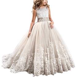 FYMNSI Blumenmädchen Kleid Hochzeitskleid Brautjungfer Lang Abendkleid Mädchen Spitzenkleid Party Prinzessin Vintage Tüllkleid Kinder Erste Kommunionkleid Festzug Cocktailkleid Champagner 12-13 Jahre von FYMNSI