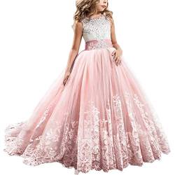 FYMNSI Blumenmädchen Kleid Hochzeitskleid Brautjungfer Lang Abendkleid Mädchen Spitzenkleid Party Prinzessin Vintage Tüllkleid Kinder Erste Kommunionkleider Festzug Cocktailkleid Rosa #2 12-13 Jahre von FYMNSI