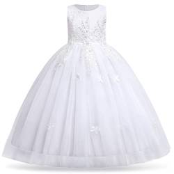 FYMNSI Blumenmädchen Kleid Kinder Langes Abendkleid Tüll Hochzeit Brautjungfer Formale Partykleid Blumen Stickerei Cocktail Feierliche Anlässe Maxikleid Ballkleid Kommunionskleid Weiß 13-14 Jahre von FYMNSI