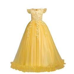 FYMNSI Blumenmädchen Kleid Kinder Langes Tüll Hochzeitskleid Brautjungfern Formale Partei Abendkleid Blumen Stickerei Cocktailkleid Feierliche Anlässe Maxikleid Partykleid Ballkleid Gelb 6-7 Jahre von FYMNSI