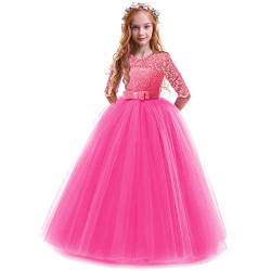 FYMNSI Blumenmädchen Kleider Mädchen Kinder Festlich Hochzeits Kleid Prinzessin Brautjungfern Anlässe Partykleid Festzug 3/4 Arm Spitzenkleid Tüllkleid Erstkommunion Abendkleid Rose 9-10 Jahre von FYMNSI