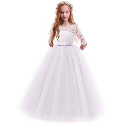 FYMNSI Blumenmädchen Kleider Mädchen Kinder Festlich Hochzeits Kleid Prinzessin Brautjungfern Anlässe Partykleider Festzug 3/4 Arm Spitzenkleid Tüllkleid Erstkommunion Abendkleid Weiß 11-12 Jahre von FYMNSI