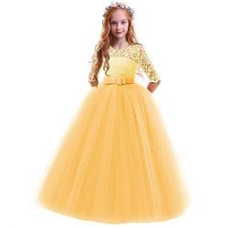 FYMNSI Blumenmädchenkleid Mädchen Kinder Festlich Hochzeitskleid Tütü Prinzessin Brautjungfern Festkleid Partykleid Festzug Spitzenkleid Tüllkleid Erstkommunion Kleid Abendkleid Gelb 13-14 Jahre von FYMNSI