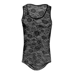 FYMNSI Body Herren Sexy Spitze Bodysuit Durchsichtig Stringbody Ärmellos Männerbody Unterwäsche Muskel Shirt High Cut Wrestling Unterhemd Einteiler Sissy Dessous Nachtwäsche Reizwäsche Schwarz XL von FYMNSI